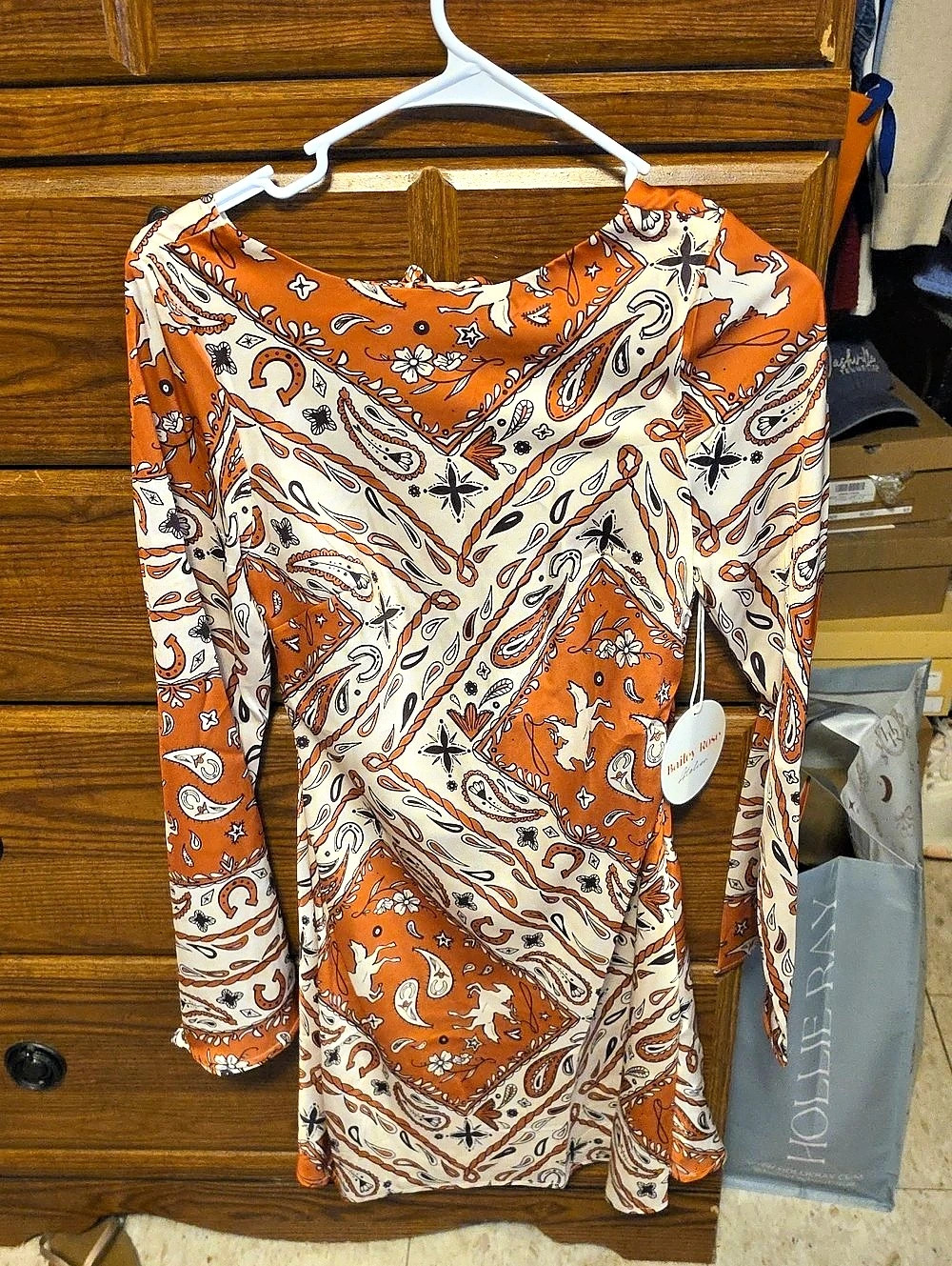 Bailey Rose Hudson Paisley Tie Neck Dress in Orange & White Size XS
